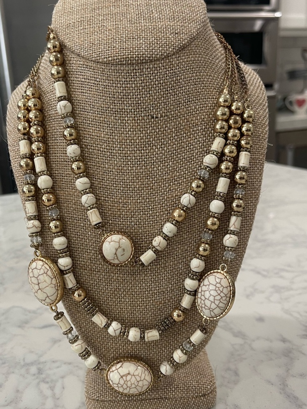 Multi-Strand White and Gold Pendant Necklace - Women Jewelry